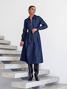 Джинсова сукня сорочка довга з довгим рукавом на блискавці темно синя