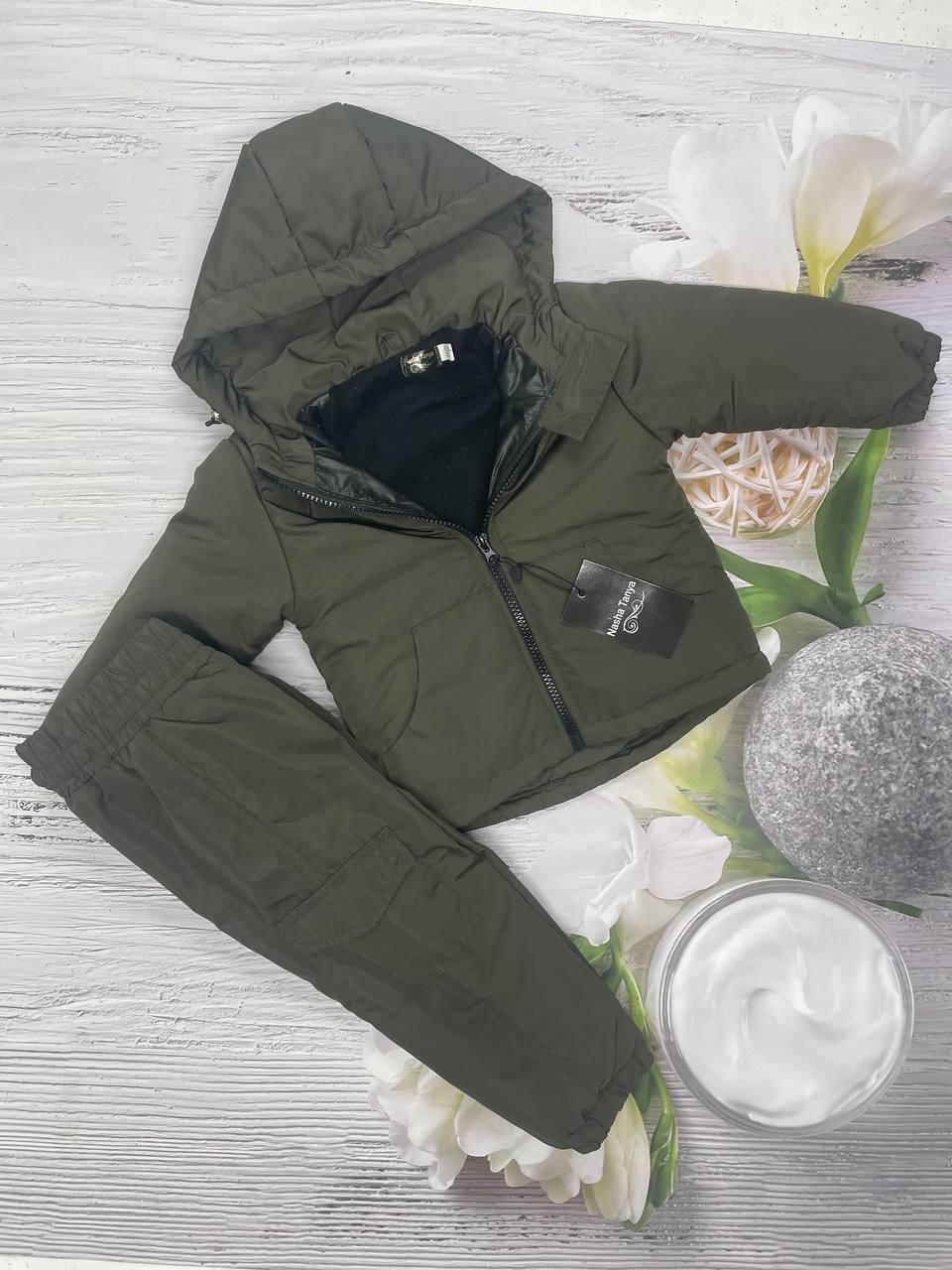 Дитячий Осінній костюм на хлопчика: куртка і штани з флісом всередині на весну осінь Прогулянковий теплий комплект хакі 80-86, фото 1