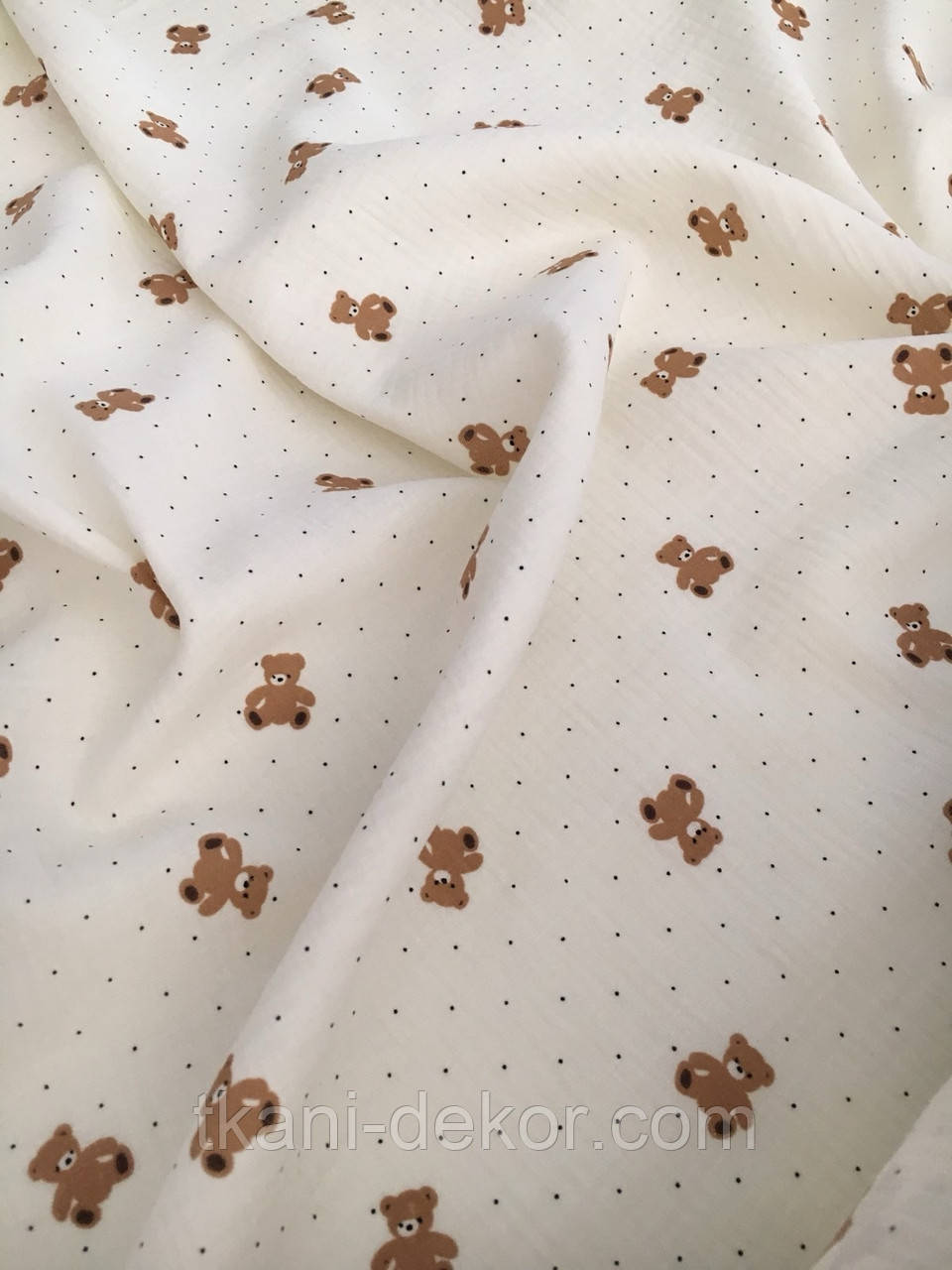 Муслін (жатка 1,35 м) ведмедики і крапки на ванілі, фото 1