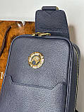 Сумка чоловіча нагрудна шкіряна темно-синя преміум, фото 6