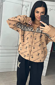 Стильний жіночий костюм Louis Vuitton со стразами (трикотаж двунить Туреччина) батал великі розміри Капучино