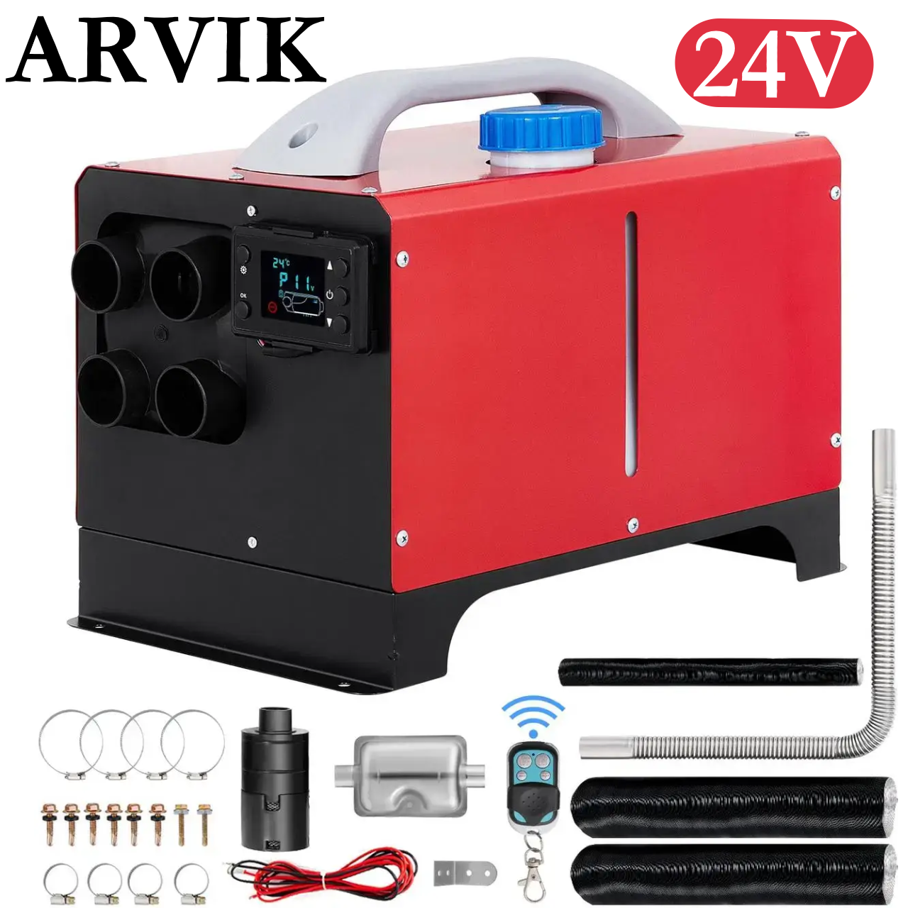 Автономний дизельний опалювач нагрівач для авто 24 V 5 кВт LCD екран 4 виходи червоний, фото 1