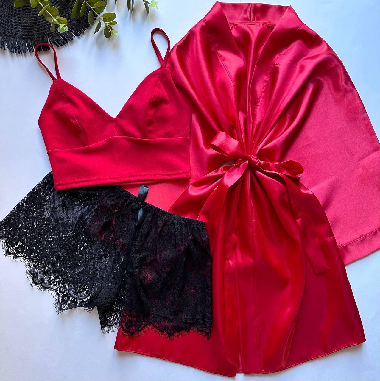 Атласний червоний халат-топ-шорти, комплект трійка XS-S на чашку АВС