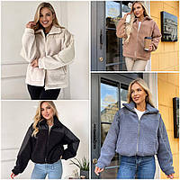 Жіноча тепла хутряна куртка-бомбер із фіксаторами на блискавці: 42-44, 46-48. Колір: бежевий, джинс, чорний, молочний.