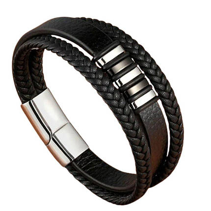Браслет шкіряний з вставками чоловічий Zig Jewelry чорний 19 см, фото 1