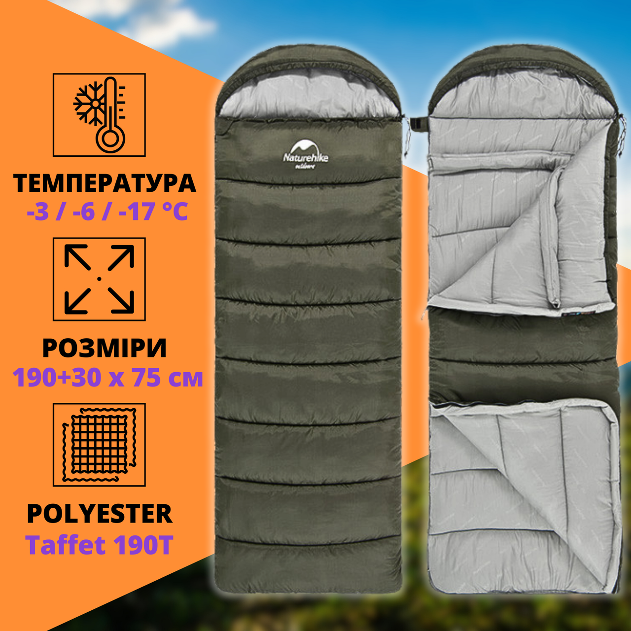 Спальний Мішок Зимовий до -17 °C Туристична Ковдра з Капюшоном Naturehike U350S Правий Темно - Зелений