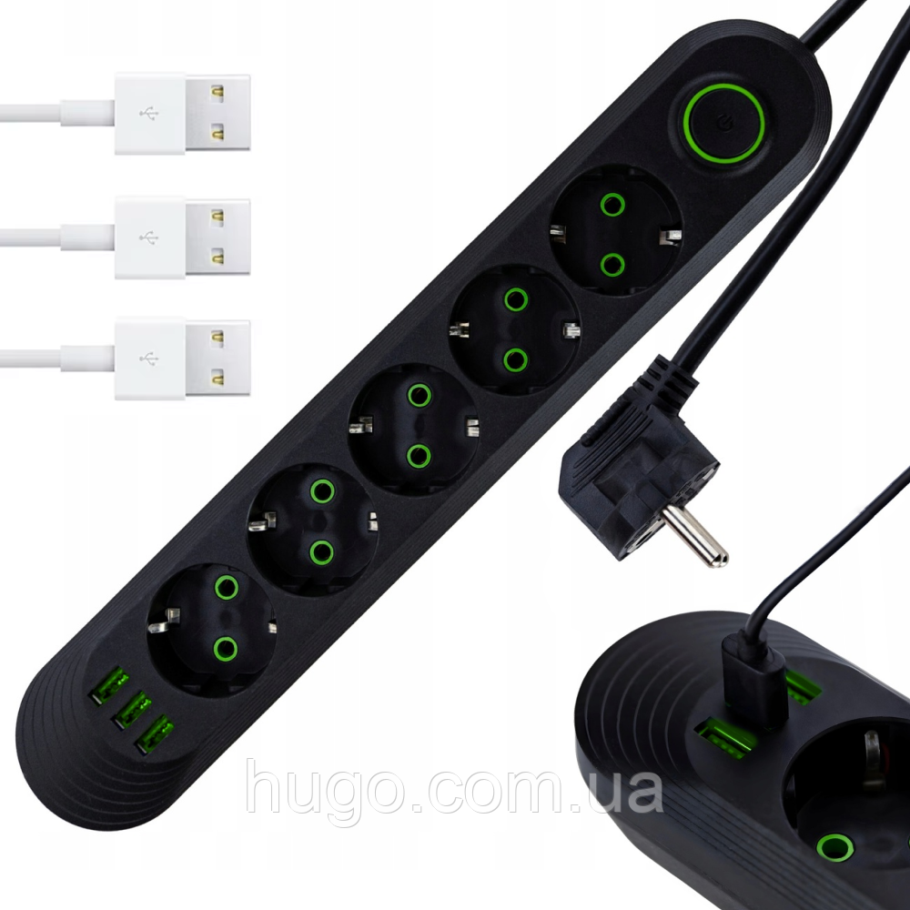 Мережевий фільтр-подовжувач 2м, 5 розеток, 3хUSB з швидкою зарядкою, Чорний / Переноска розетка / Подовжувач, фото 1