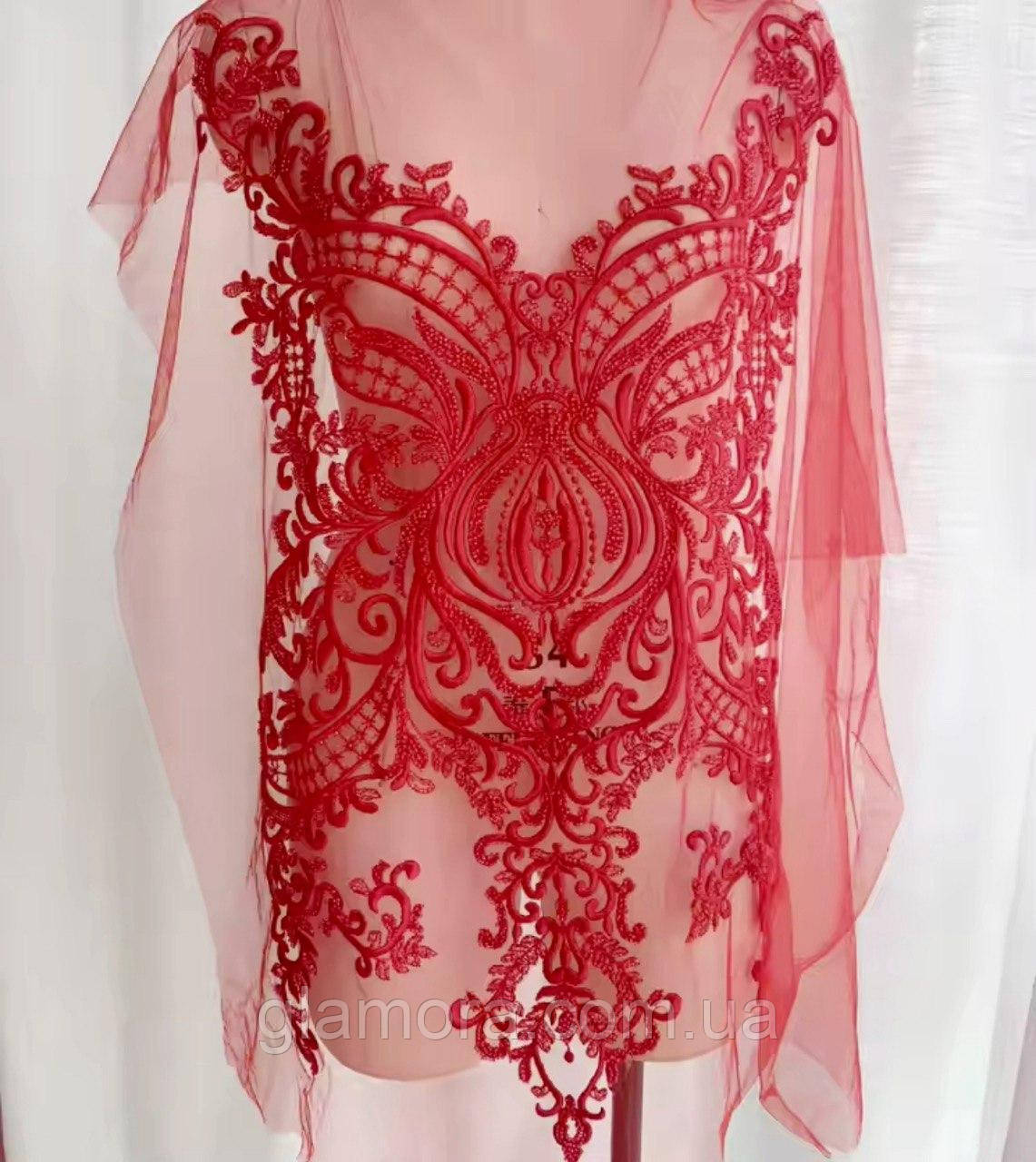 Лейс нашивний червоний, розштитий бісером 65х40 см, фото 1