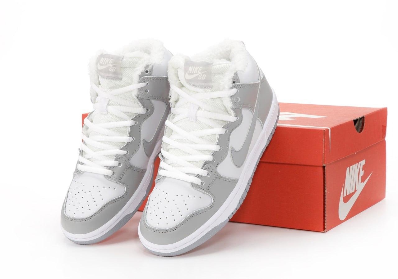 Жіночі та чоловічі зимові кросівки Nike SB Dunk White Grey Winter (Білі) Взуття Найк СБ Данк Високі шкіра хутро зима