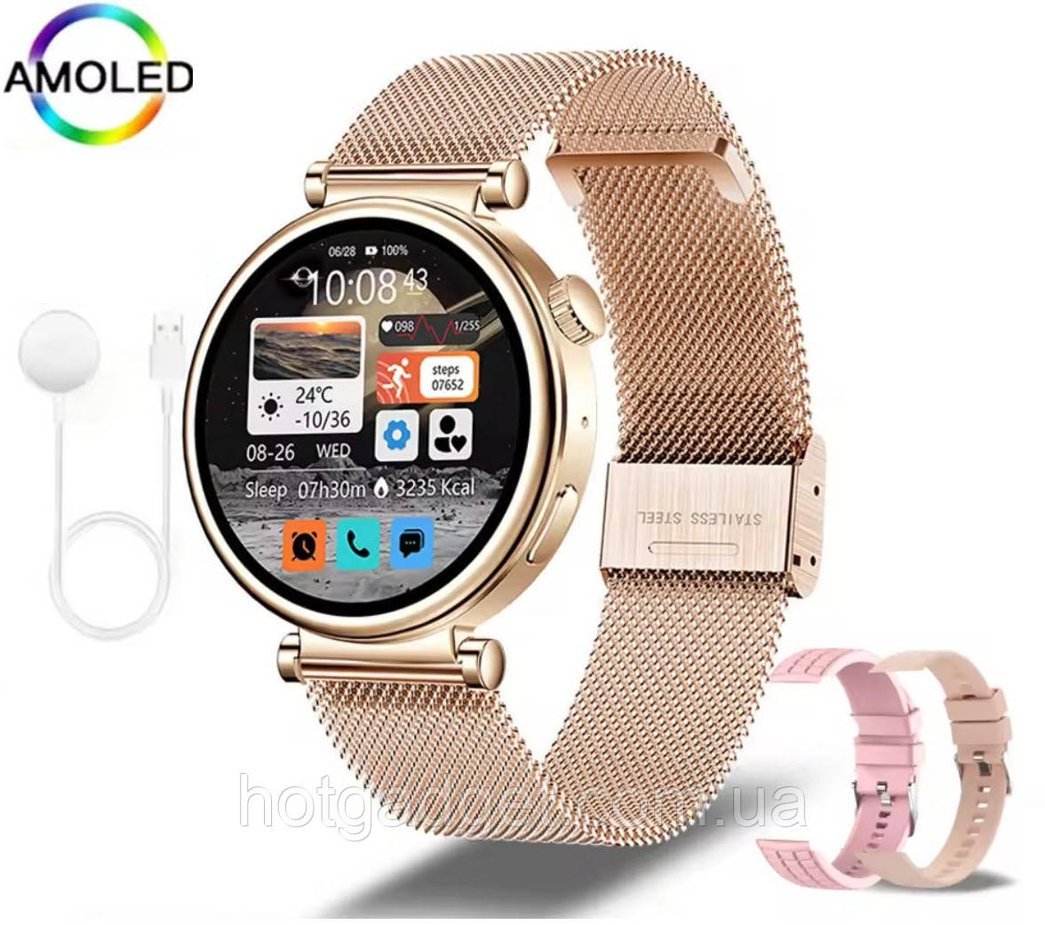 Смарт-годинник LEMFOZ01 mini Gold (дзвінки, тонометр, пульсоксиметр, температура) AMOLED екран, 3 ремінця