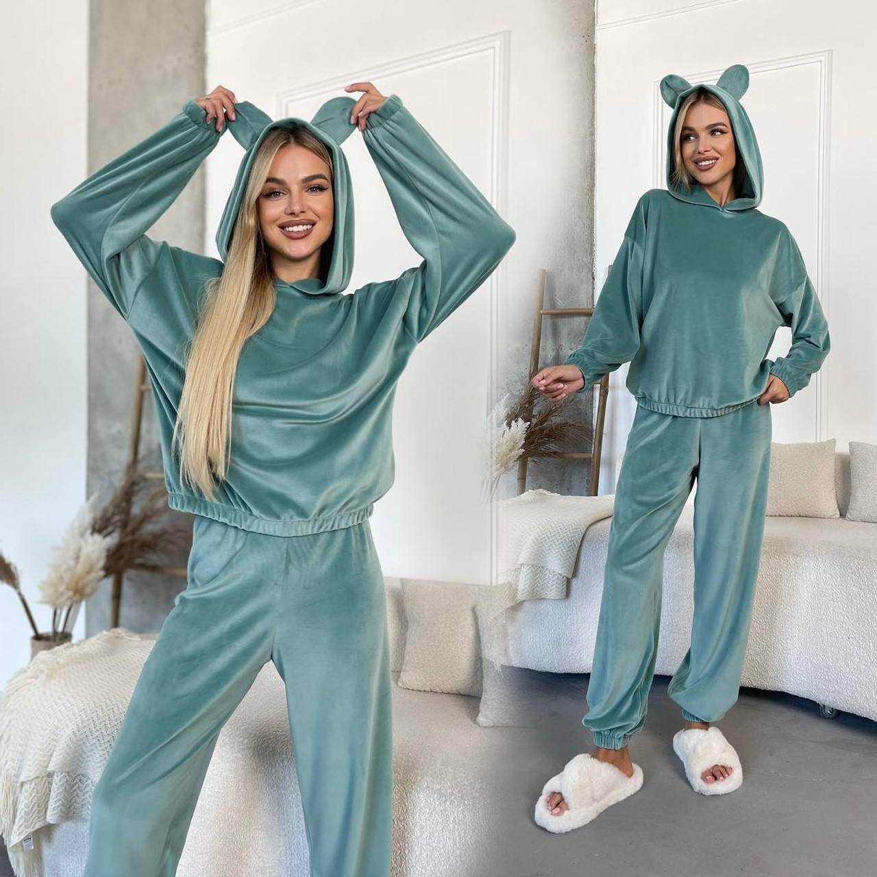Оливковий жіночий домашній велюровий костюм-піжама з капюшоном-вушками, фото 1