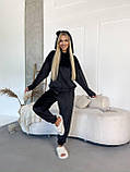 Чорний жіночий домашній велюровий костюм-піжама з капюшоном-вушками, фото 4