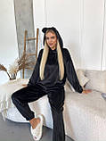 Чорний жіночий домашній велюровий костюм-піжама з капюшоном-вушками, фото 6