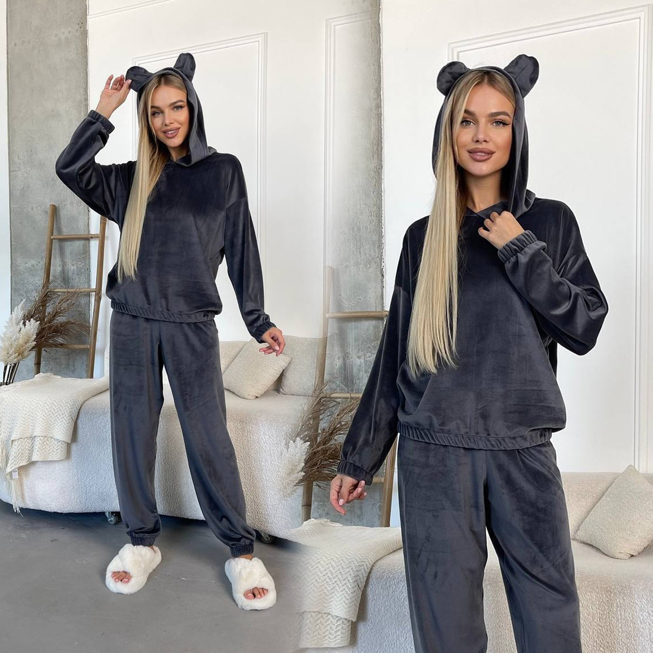 Графітовий жіночий домашній велюровий костюм-піжама з капюшоном-вушками, фото 1