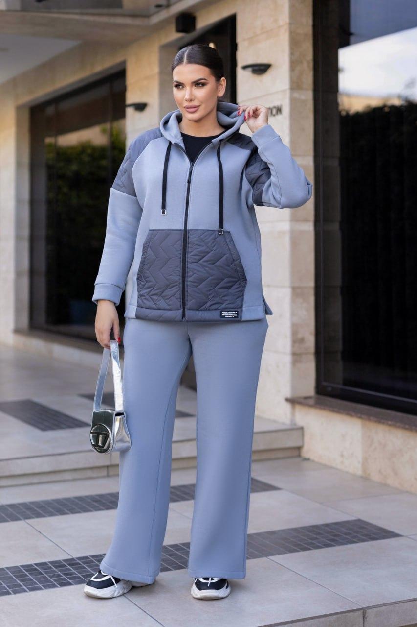 Жіночий зимовий прогулянковий костюм в спортивному стилі: кофта з капюшоном та штани палаццо, батал великі розміри, фото 1