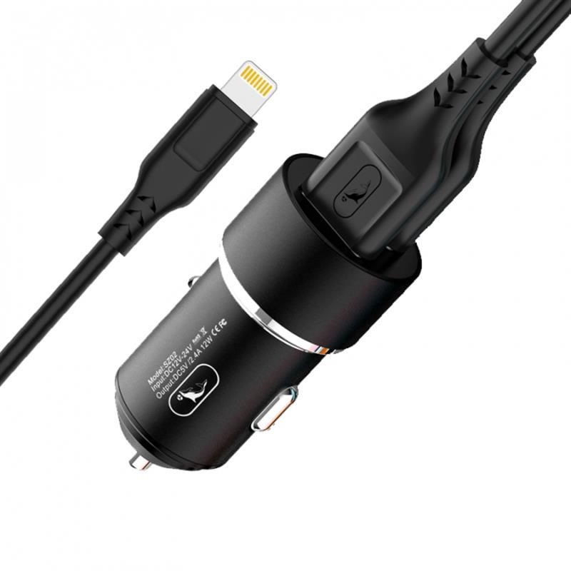 Автомобільний зарядний пристрій SkyDolphin SZ02L Aluminium 2 USB 2.4 A Black (AZP-000071) + кабель Lightning