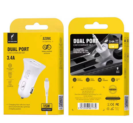 Автомобільний зарядний пристрій SkyDolphin SZ09L 2 USB 3.4 A White (AZP-000108) + кабель Lightning, фото 2
