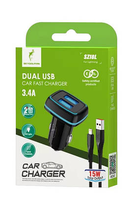 Автомобільний зарядний пристрій SkyDolphin SZ18L 2 USB 3.4 A Black (AZP-000099) + кабель Lightning, фото 2