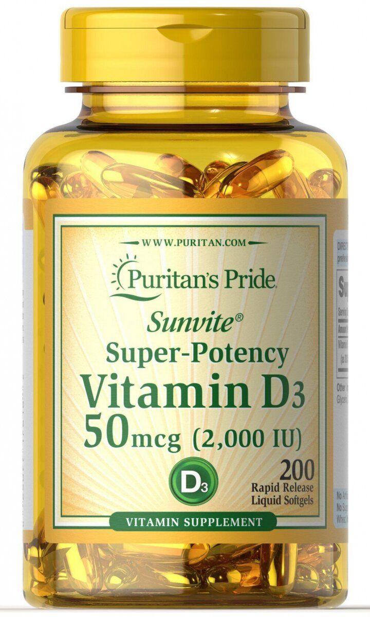 Вітамін D3, Vitamin D3, Puritan's Pride, 50 мкг, 2000 МО, 200 капсул BX387