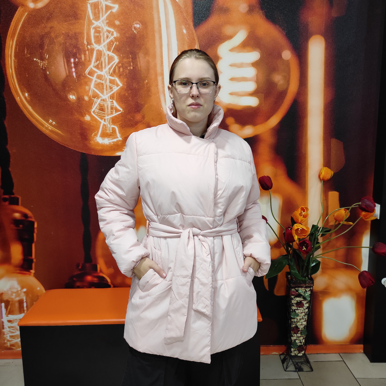 Куртка жіноча довга демісезонна пояс без капюшону L пудра, фото 1