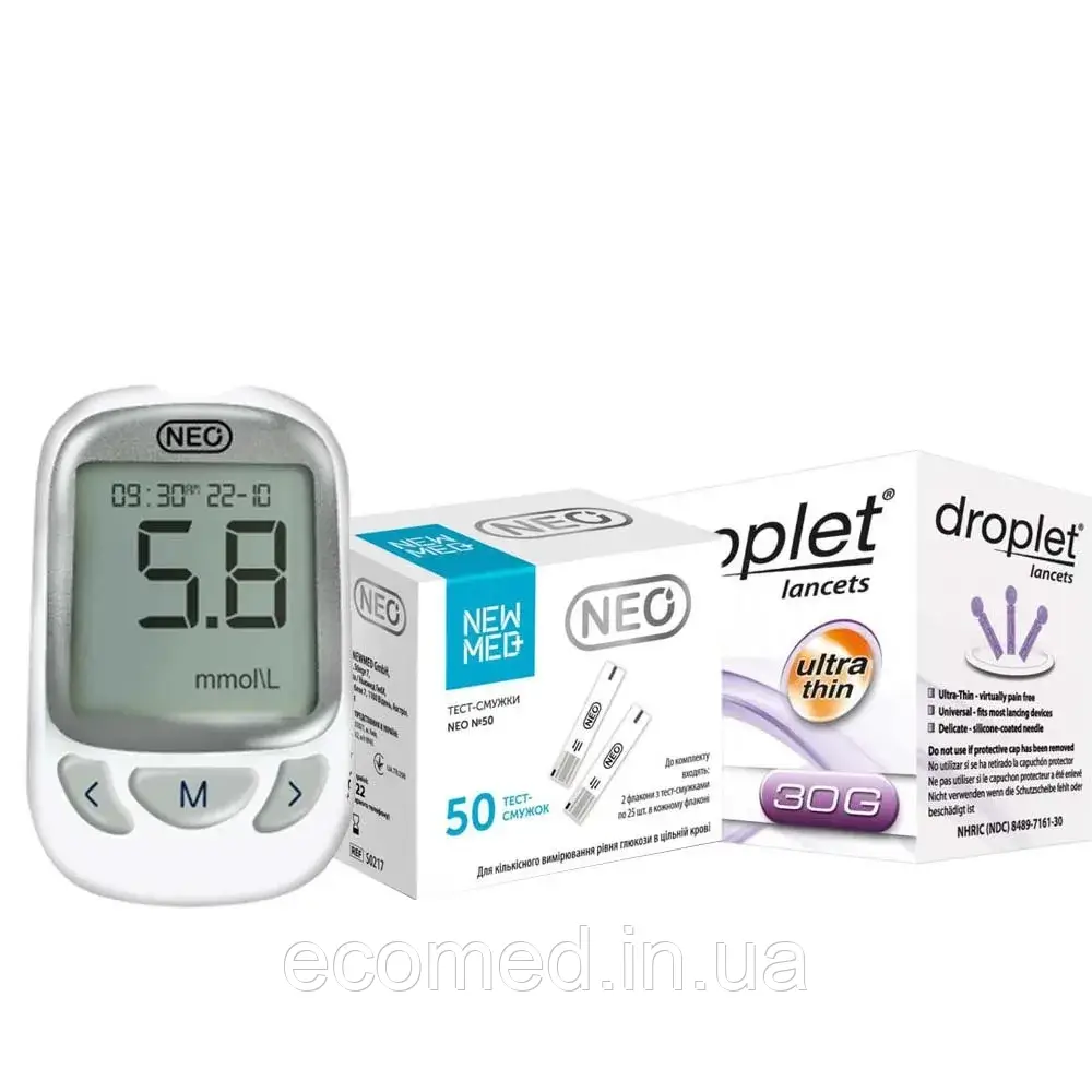 Глюкометр NEO (білий) + 50 тест-смужок + ланцети 100 шт., фото 1