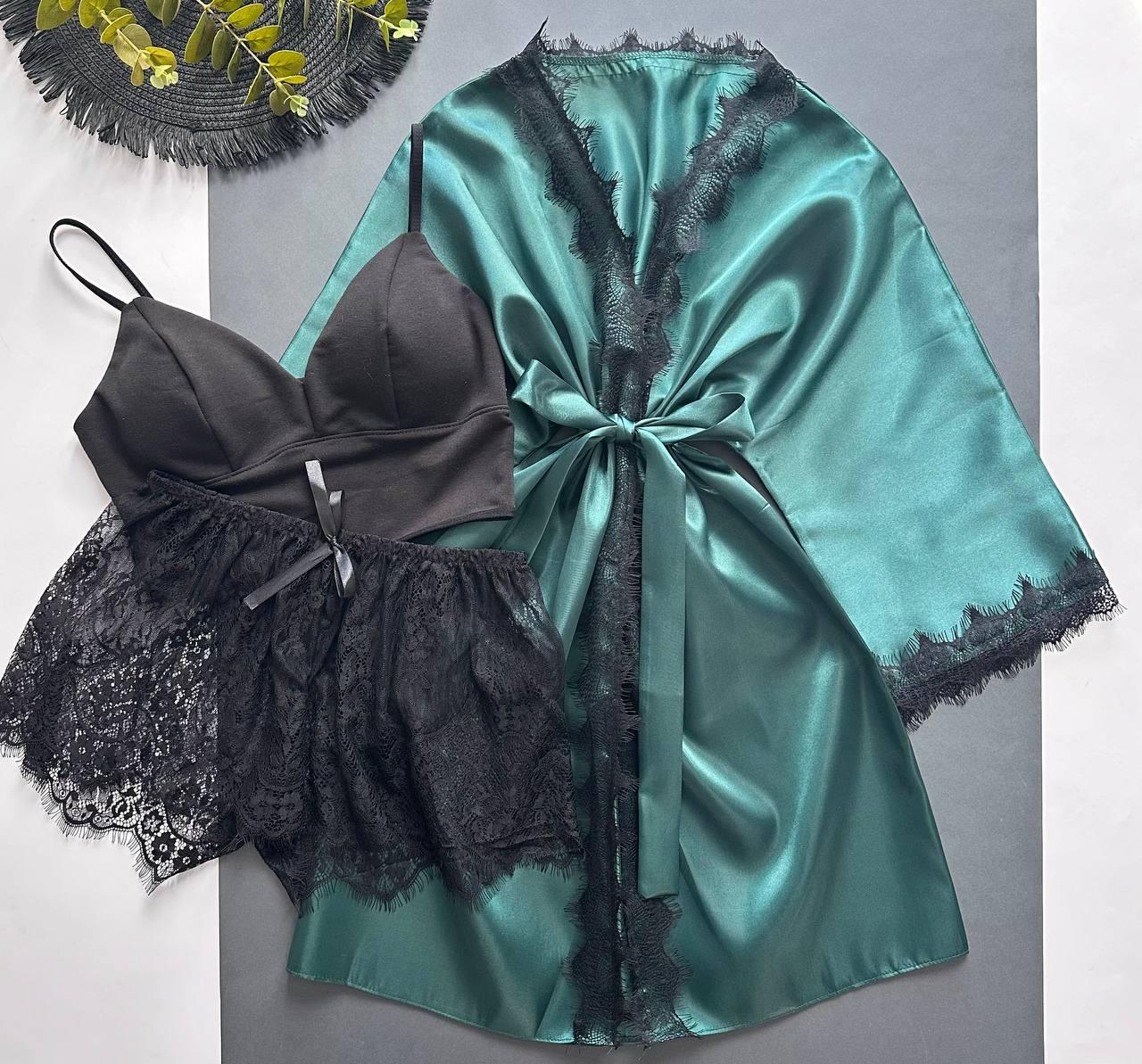 Комплект трійка, топ + шорти та жіночий халат. XS-S на чашку АВС