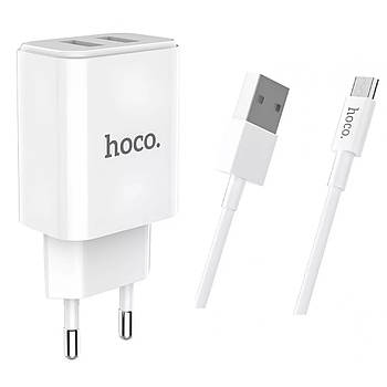 Мережевий зарядний пристрій USB-A 2xPorts 2.1 A + кабель MicroUSB Hoco Home Charger C62A_Білий
