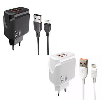 Мережевий зарядний пристрій USB-A 2xPorts 2.4 A + кабель Lightning 1m Veron Home Charger VR-C12L_Чорний