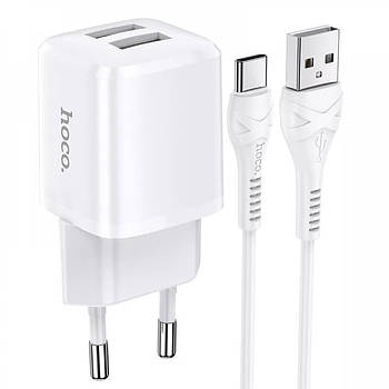 Мережевий зарядний пристрій USB-A 2хPorts 2.4 A + кабель Type-C 1m Hoco Home Charger N8