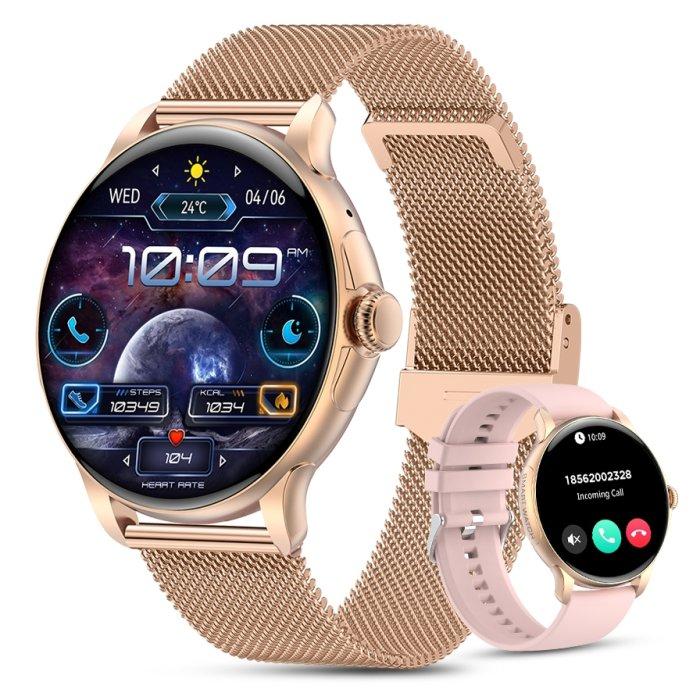 Розумний жіночий смарт годинник Smart Watch Holiday bluetooth круглі з крокоміром, тонометром 2 ремінці Золотистий