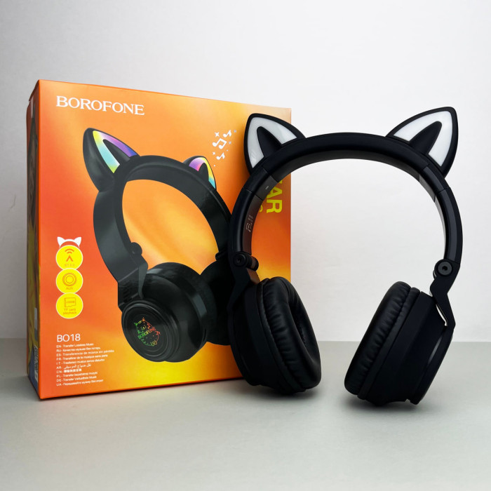 Дитячі бездротові Bluetooth навушники Cat Ear Borofone BO18 накладні з котячими вушками мікрофоном Чорний