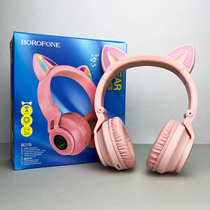 Дитячі бездротові Bluetooth навушники Cat Ear Borofone BO18 накладні з котячими вушками мікрофоном Рожевий