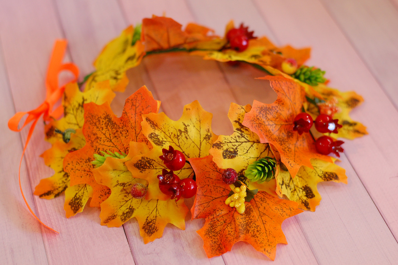 Віночок для волосся / вінок на голову осінній з листям та шипшиною 804, фото 1