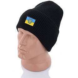 Товста в'язана шапка чорного кольору з закотом на флісі "Флаг+ Герб" Розмір: 55- 60 (17134-3)