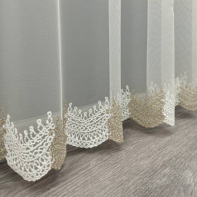 Тюль "Грек-сітка" з вишивкою. Колір молочний з золотистим. Код 1462т