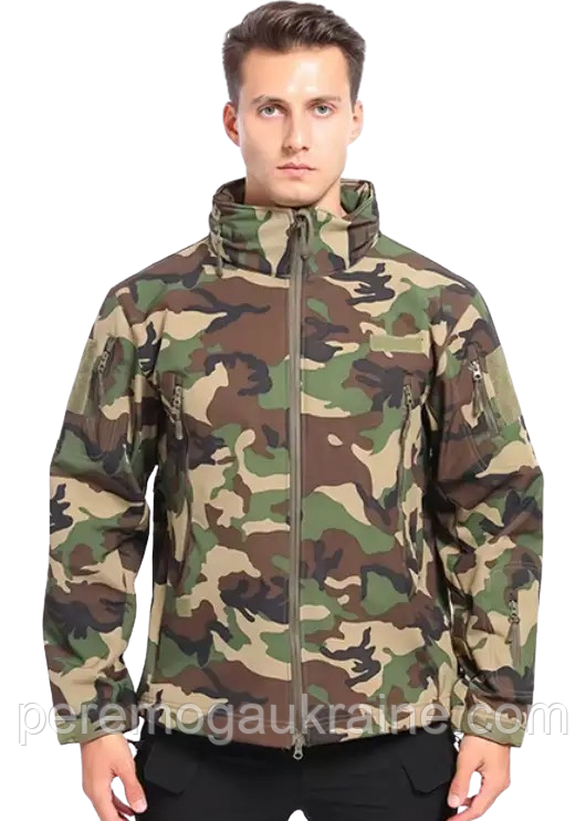 Водонепроникна куртка тактична SOFTSHELL із флісом Solve Woodland KT6000820