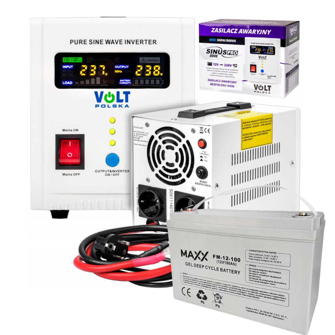 Аварійний комплект живлення Volt Polska SINUS PRO 800 E 12/230V 500/800W + 4SUN MAXX GEL DEEP CYCLE 100Ah 12V