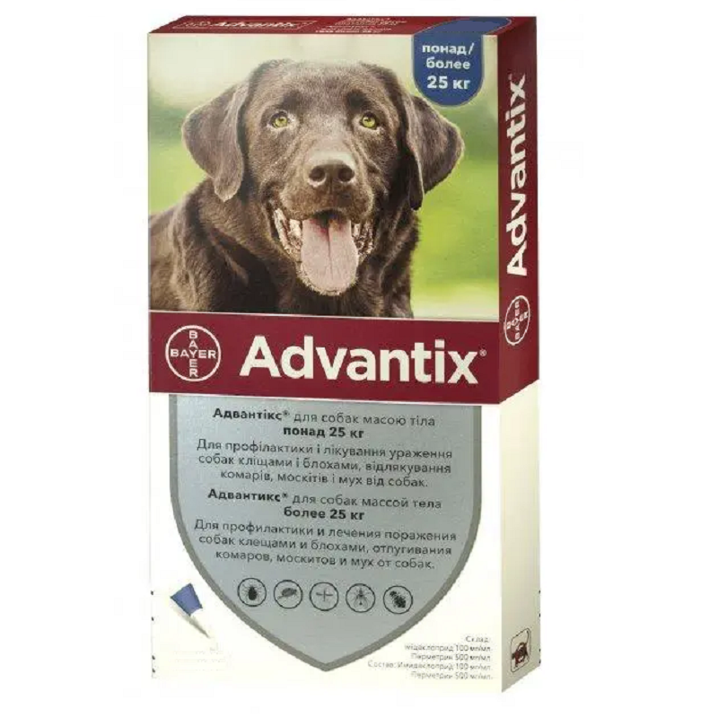 Краплі на холку для собак понад 25 кг Адвантикс 4 мл від бліх і кліщів No1 Bayer термін 02.2026, фото 1