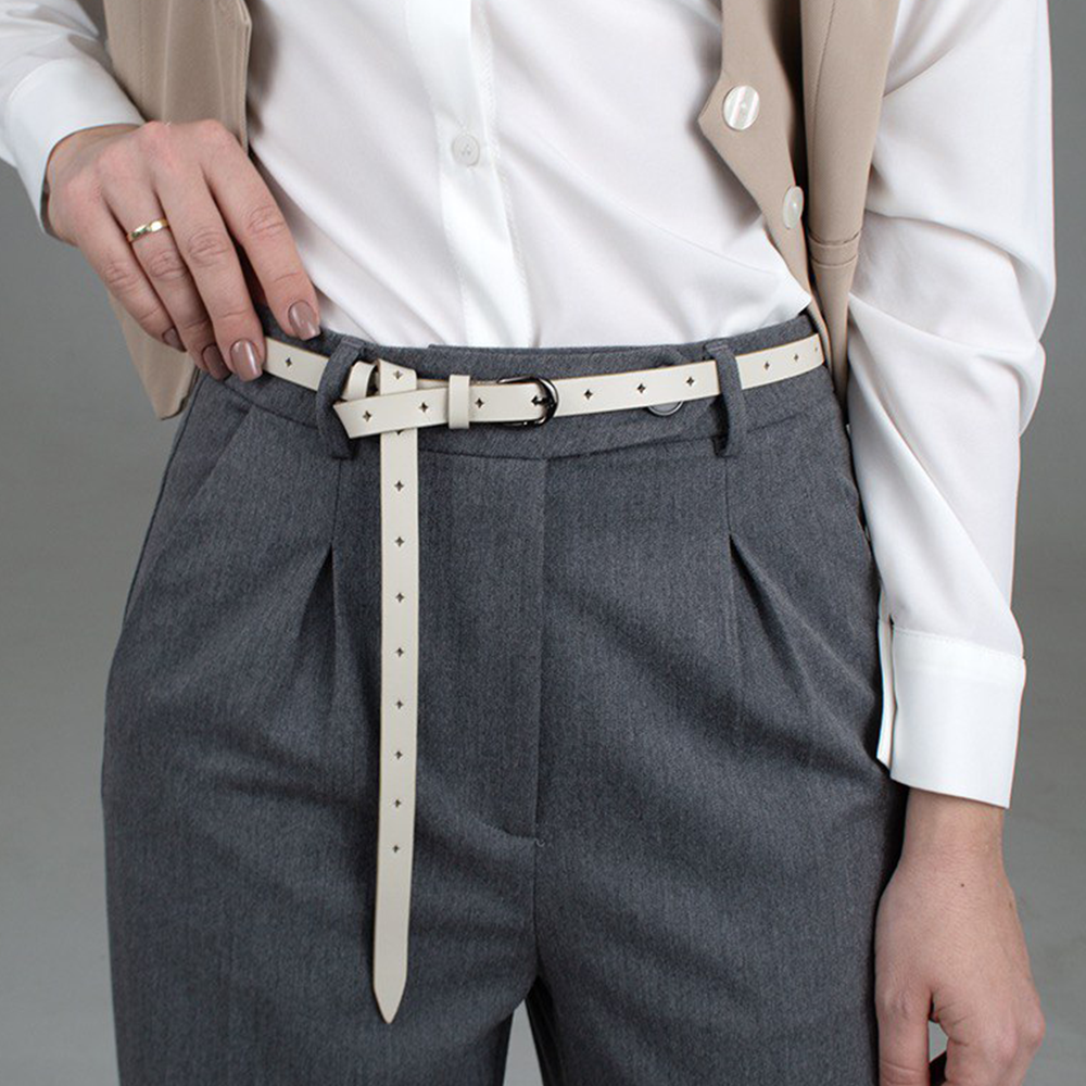 Ремінь жіночий вузький шкіряний з дірочками SF-1545 молочний (125 см), фото 1