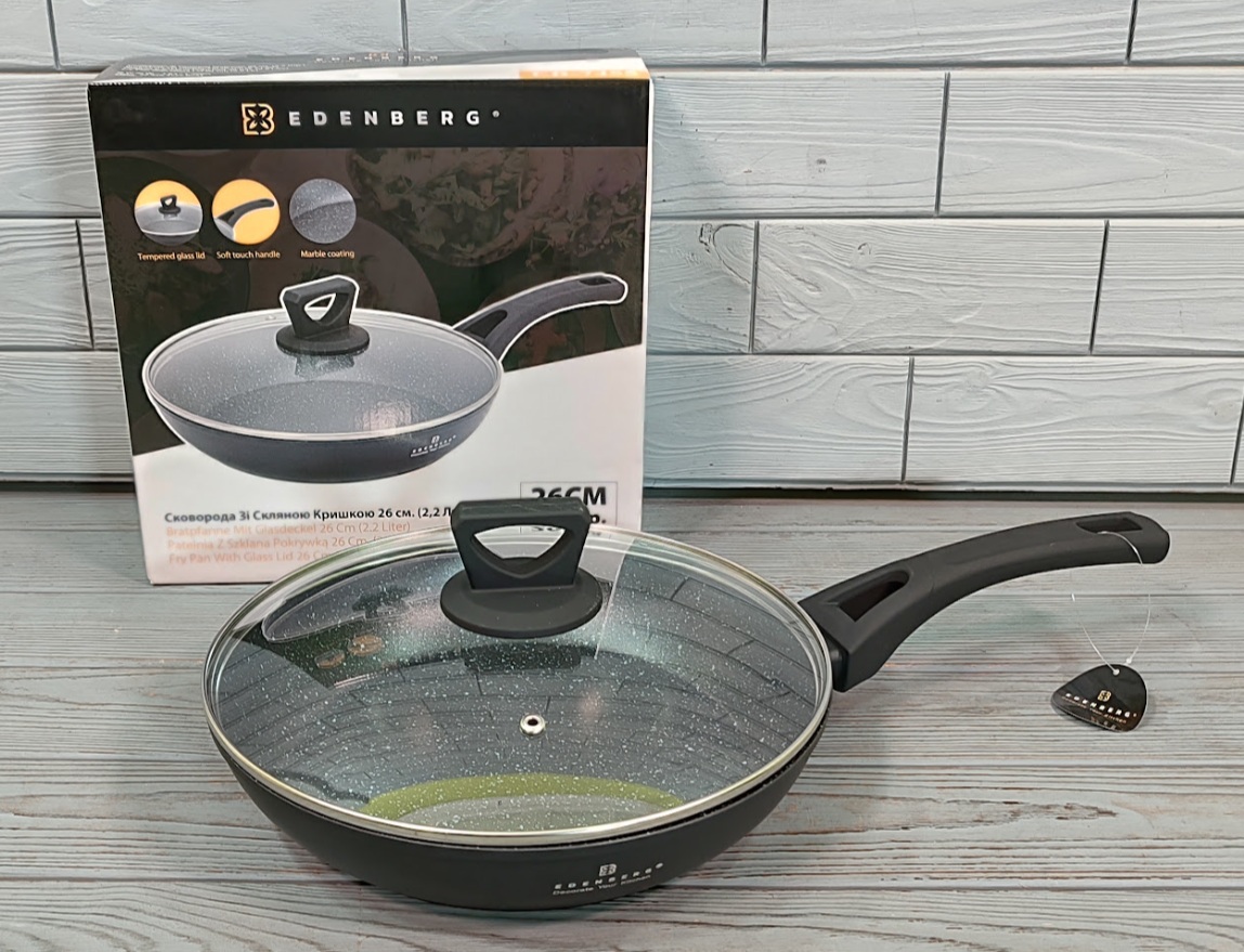 Сковорода 26 см/2,2 л Edenberg EB-7455/Скородка зі скляною кришкою та мармуровим покриттям, фото 1