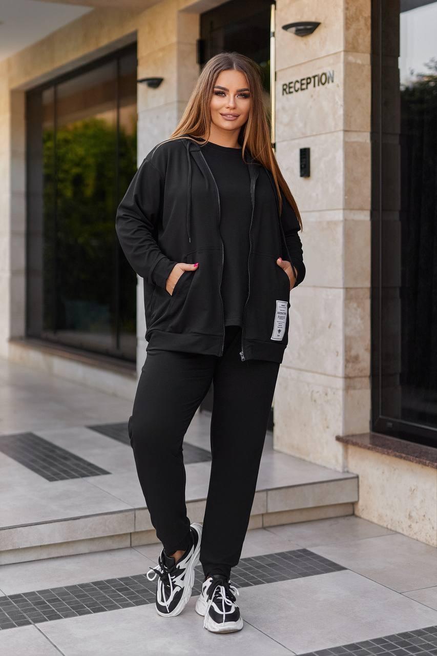 Чорний жіночий спортивний костюм-трійка з двонитки батал: худі, футболки та штани, фото 1