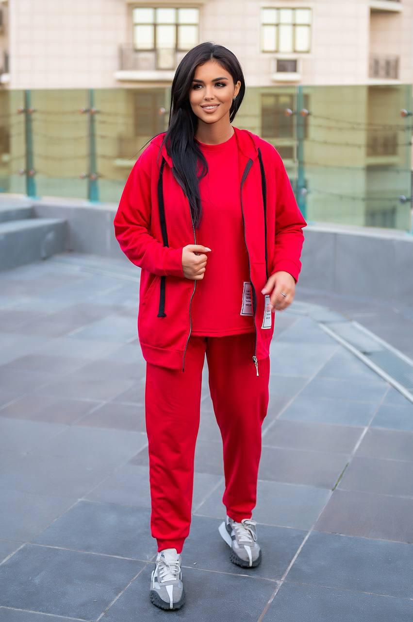 Червоний жіночий спортивний костюм-трійка з двонитки батал: худі, футболки та штани, фото 1