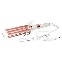 Плойка три хвилі для завивки волосся VGR V-599 Біло-рожеве золото, потрійна плойка для волосся на 3 хвилі