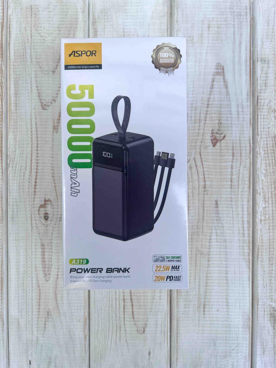 Power Bank Aspor A319 50000mAh 22.5W All in One Black — Потужний повербанк для швидкого заряджання