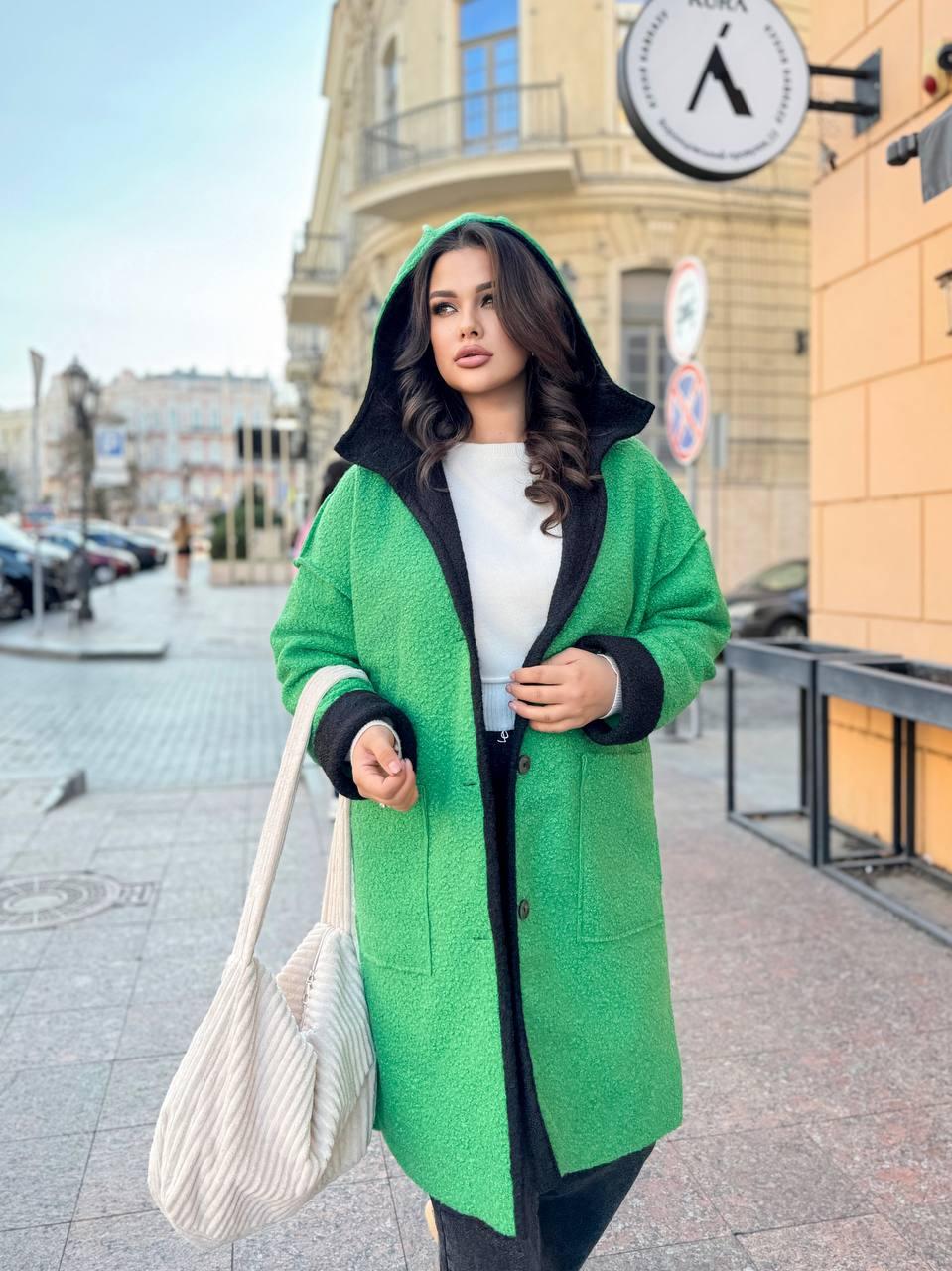 Зелене жіноче демісезонне пальто баранчик батал, фото 1