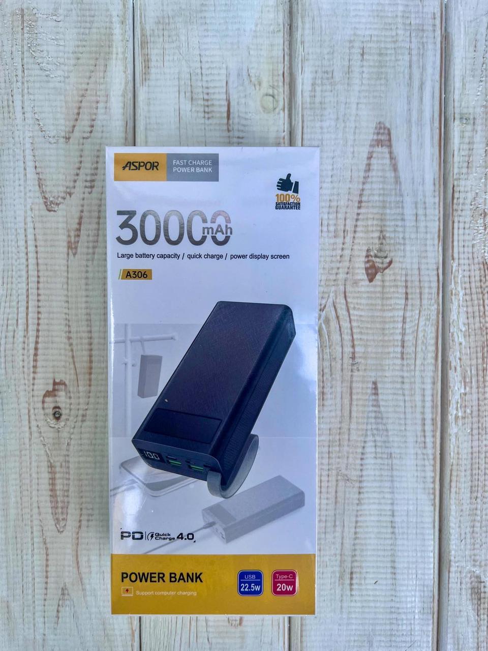 Повербанк Power Bank Aspor A306 Fast Charge 30000mAh (5V/3A) — чорний