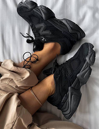 Жіночі кросівки New Balance 9060 Total Black Взуття Нью Беланс 9060 чорні замша сітка повсякденні демісезон, фото 1