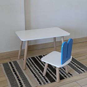 Комплект стіл та стул дитячий ChildWood - Set  Стіл білий прямокутний + стілець білий блакитний Зайчик