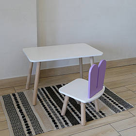 Комплект стіл та стул дитячий ChildWood - Set  Стіл білий прямокутний + стілець білий бузковий Зайчик