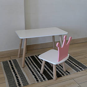 Комплект стіл та стул дитячий ChildWood - Set  Стіл білий прямокутний + стілець білий рожевий Корона  (Фанера)